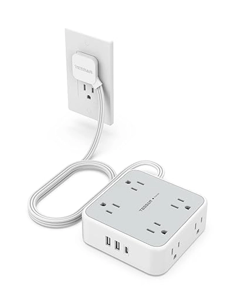 Surge Protector Flat Extension Cord Flat Plug Power Strip, 8 AC Outlets, 3 USB Charger(1 USB C Port) 3-Sided Outlet Extender, 5 Ft, 900 Joules Protection, Office Supplies, Dorm Room Essentials, Grey - Grey - 5 Feet