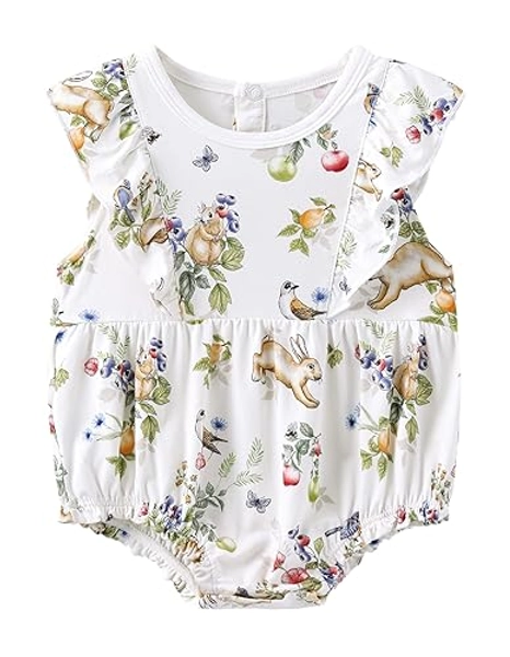 BambooBud Baby Girls Short Sleeve Bodysuits Cute Infant Snap Outfits Viscose from Bamboo Toddlers Bodysuit - A-rabbit - 6-12Months