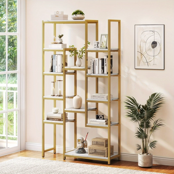 [Modern Bookshelf] Xelsyo 12 Compartments Modern Tall Bookshelf | Sturdy Metal Frame, Waterproof Faux Marble Shelves, Quick Setup, Open Storage Unit For Books And Decorative Items - 11.8"L X 38.58"W X 71.06"H