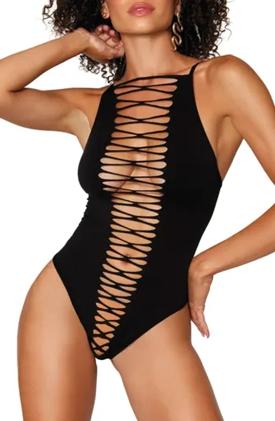 Strappy Seamless Teddy with Thigh High Stockings