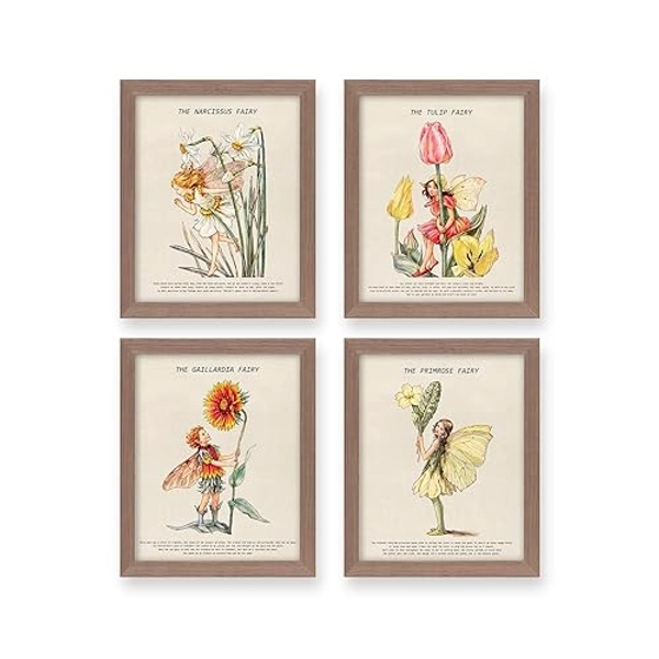 heilkee Fairy Room Decor Aesthetic Vintage Cottagecore Wall Art Fairycore Bedroom Decor Cute Dorm Posters for Teen Girls Flower Faerie Art Prints Goblincore Pictures Set of 4(Brown Framed, 8x10in) - Flower Fairy - 8x10 Brown Framed