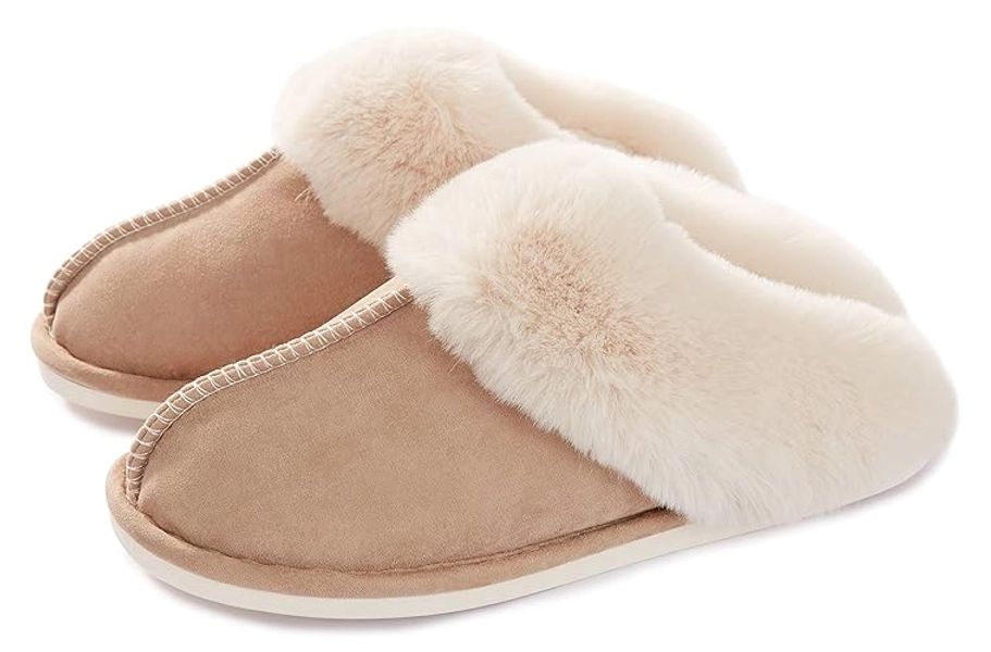 Donpapa Womens Slipper with Memory Foam Fluffy Soft Warm Slip On House Slippers,Anti-Skid Cozy Plush for Indoor Outdoor - Large - Tan