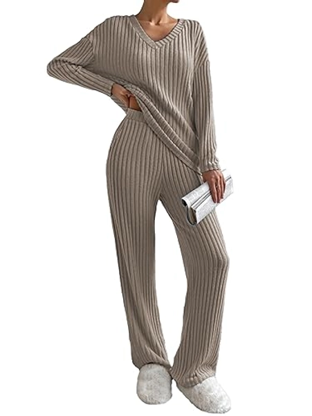 Famulily Women’s 2 Piece Outfits Lounge Sets Rib Knit Matching Pajama Set Long Sleeve V Neck Tops Wide Leg Pants with Pockets - Medium - Coffee