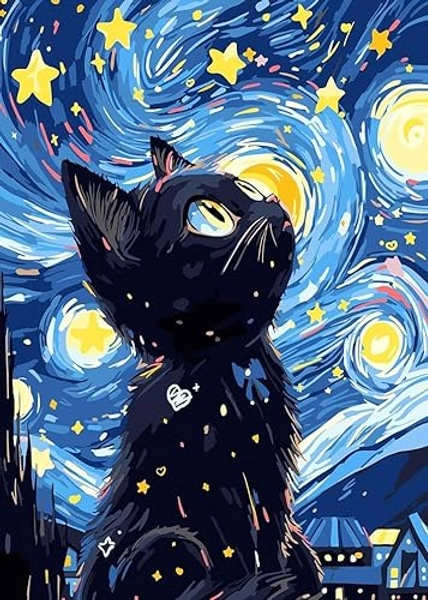 RYMILIE Black cat Diamond Art Painting Kits for Adults, Full Drill Diamond Dots Paintings for Beginners, Round 5D Paint with Diamonds Pictures Gem Art Painting Kits DIY Crafts Kits 【12x16inch】 - Starry Sky Cat