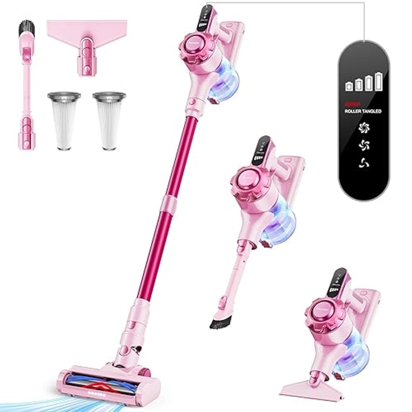 Trucozie Cordless Vacuum Cleaner, 8-in-1 Lightweight Stick Vacuum with 45mins Runtime, Powerful Suction, Rechargeable Cordless Vacuum for Carpet, Tile, Pet Hair, Hardwood Floors, Pink - Pink