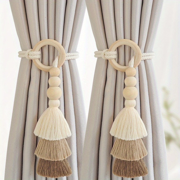 2pcs Bohemian Handmade Curtain Tiebacks with Wooden Beads & Tassels - Polyester Modern Boho Window Holdbacks for Home Decor, Light Beige & Brown