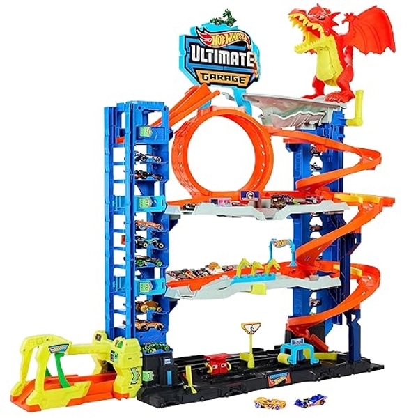 Hot Wheels City Toy Car Track Set Ultimate Garage with 2 Die-Cast Toy Cars & Car-Eating Dragon, Stores 50+ Vehicles, 4 Levels - Garage