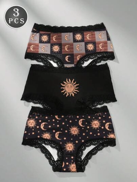 3 piezas/paquete Bragas sexys transpirables y cómodas con estampado del sistema solar y ribete de encaje para mujeres