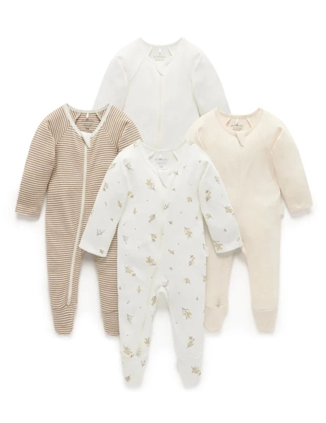 Purebaby - Organic Cotton Printed Zippered Footie - 4 Pack