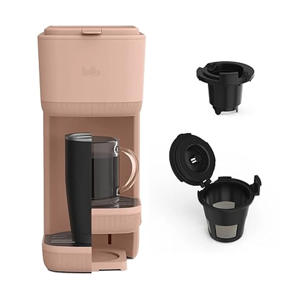 BELLA Single Serve Coffee Maker, K Cup & Coffee Ground Compatible with Removable, Adjustable Drip Tray, Auto Shutoff & Reusable Dishwasher Safe Accessories, Brews 6oz to 14oz, 1000 Watt, Blossom - Blossom