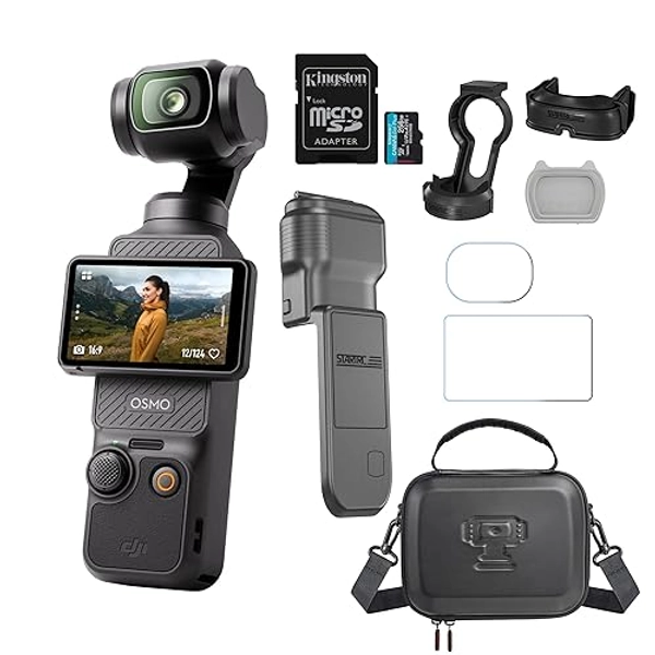 DJI Osmo Pocket 3 with 256GB MicroSD Card, Magnetic Fill-in Light, Screen Protector, Carry Bag, and Tempered Glass Screen Protectors Bundle - Action Camera with 1-Inch CMOS & 4K/120fps (6 Items)