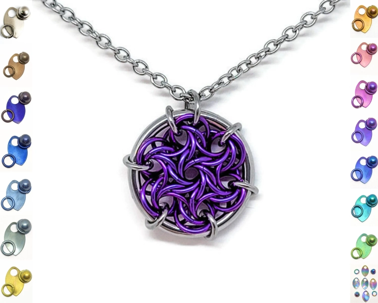 Moorish Rose Spiral Pendant, Chainmaille Jewelry,  Titanium or Stainless Steel Necklace, Gothic Choker, Fantasy Core