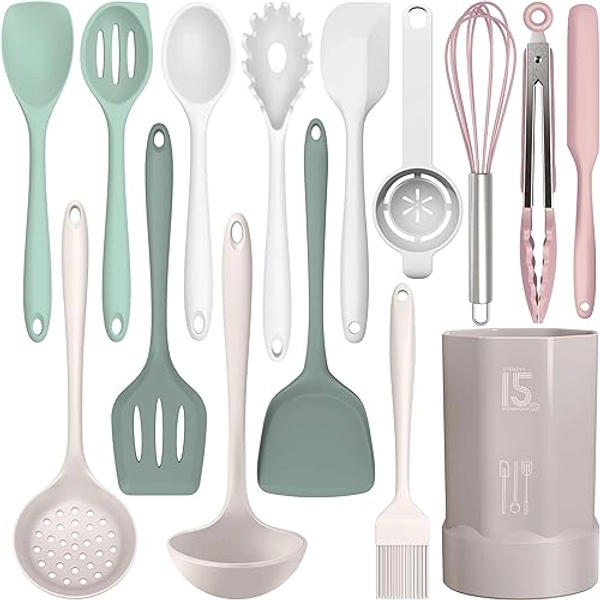 Silicone Cooking Utensils Set - 446°F Heat Resistant Silicone Kitchen Utensils,Spatula,Spoon, All Clad Kitchen Utensil Sets Gadgets Tools for Nonstick Cookware,Dishwasher Safe BPA FREE (Multicolor) - Multicolor
