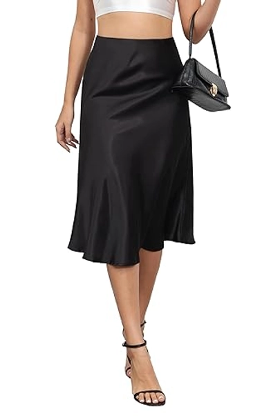 Mist Azur Women Silky Satin Side Split Skirt High Waist Elastic Elegant A Line Midi Skirts for Women - Small - Black-02