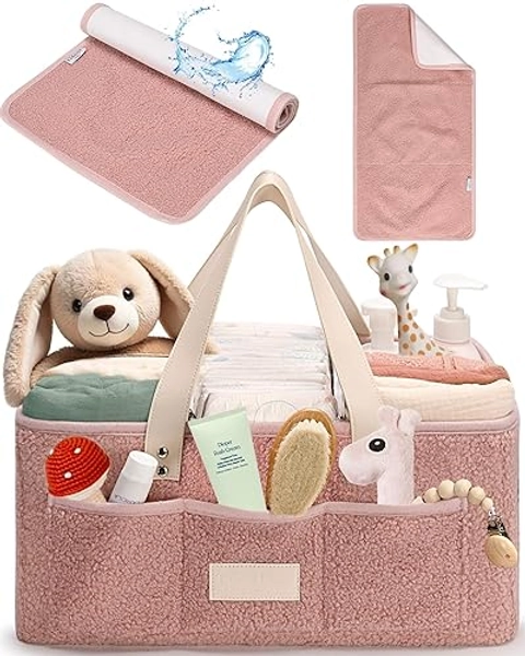 Baby Diaper Caddy Organizer with Portable Changing Mat - Teddy Fleece Diaper Organizer for Changing Table - Baby Basket for Diaper Changing Essentials - Baby Caddy Organizer with Removable Dividers - Pink Diaper Caddy with Changing Pad