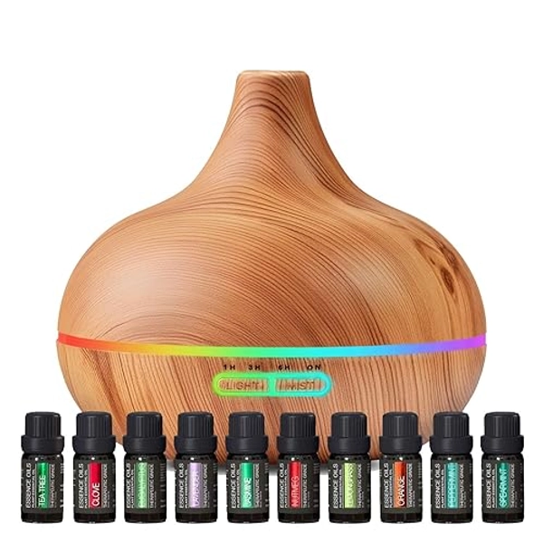 Ultimate Aromatherapy Diffuser & Essential Oil Set - Ultrasonic Top 10 Oils Modern with 4 Timer 7 Ambient Light Settings Therapeutic Grade Lavender - Wood Grain + 10 Plant Oils