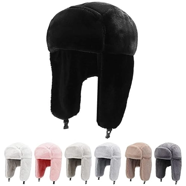 Peicees Winter Hats for Men Womens Winter Hats Ushanka Trapper Hat with Earflaps Warmer for Adult Boys Girls - 7-7 5/8 - Black