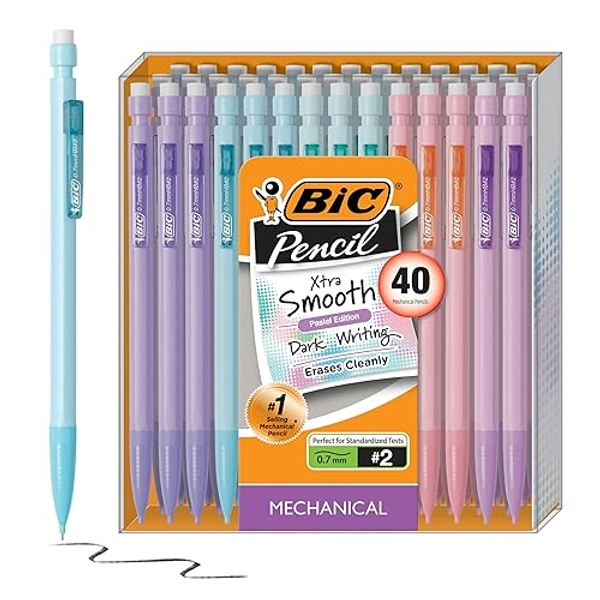 BIC Xtra-Smooth Pastel Mechanical Pencils with Erasers, Medium Point (0.7mm), 40-Count Pack, Bulk Mechanical Pencils for School or Office Supplies - Xtra Smooth Pastel Mechanical Pencils - 40 Count (Pack of 1)