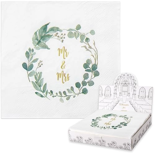 yumcute 40 Stück Servietten Hochzeit Mr Mrs, 3-lagig 33x33 cm Hochzeits Servietten Eukalyptus Blättern, Hochzeit Servietten Vintage für Party, Hochzeitsdeko und Tischdeko Hochzeit(Grün & Weiß) - Grün, Weiß, Gold