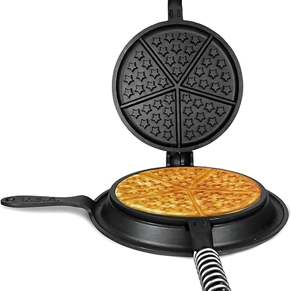 APPALACHIAN CAST IRON Great American Waffle Iron Pre-Seasoned, PFOA/PTFE Free, Made In USA | Vintage Inspired, 7 inch Stovetop Waffle Iron With Patriotic Design | Perfect holiday gift - Great American Waffle Iron