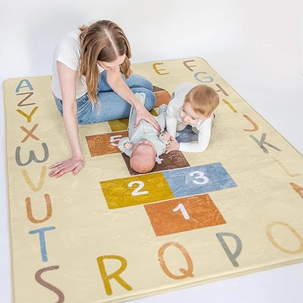 Kids Playroom Rug - Abc Classroom Rug | 4'7'' x 6'6'' Hopscotch Rug for Kids | Washable Kids Rug | Kids Play Rug | Neutral Classroom Rug |Kids Rugs for Playroom |Alphabets & Numbers Boho Playroom Mats