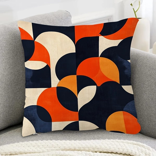 Ultra-Soft 18x18" Retro Geometric Throw Pillow Cover - Double-Sided, Abstract Orange & Navy Blue Design for Sofa and Bedroom Decor, Machine Washable, Zip Closure