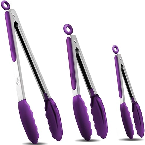 HOTEC Premium Stainless Steel Locking Kitchen Tongs with Silicon Tips, Set of 3-7", 9" and 12" (Purple) - 12+9+7inch - Purple