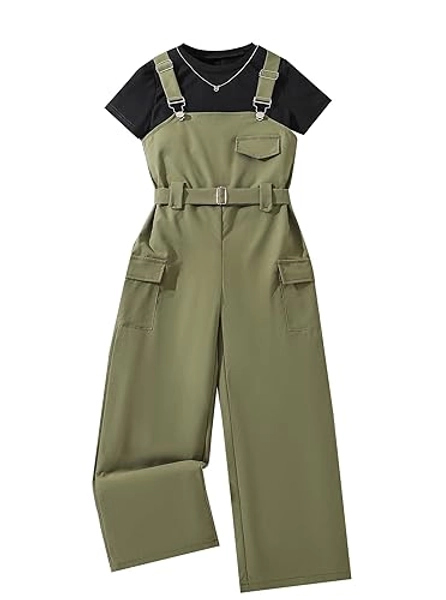 Hilinker Girl's Overalls 2 Piece Outfits Short Sleeve Top and Cargo Jumpsuit Set with Pockets 7-14 Years - 9-10 Years - Black Army Green