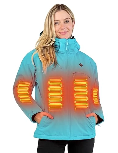 ANTARCTICA GEAR Heated Jacket, Ski Jacket Coat, With 12V/16000mAh Battery Pack, 5 Areas Heating Thicken Women Winter Coat - Blue Women - Large