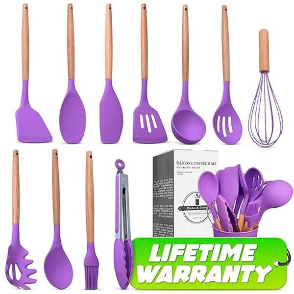 12 Pcs Purple Kitchen Utensils Set with Holder – Versatile Silicone Tools for Cooking and Baking, Gentle on Pots and Pans, Heat-Resistant, Stylish, Easy to Clean, Purple Kitchen Accessories - Purple