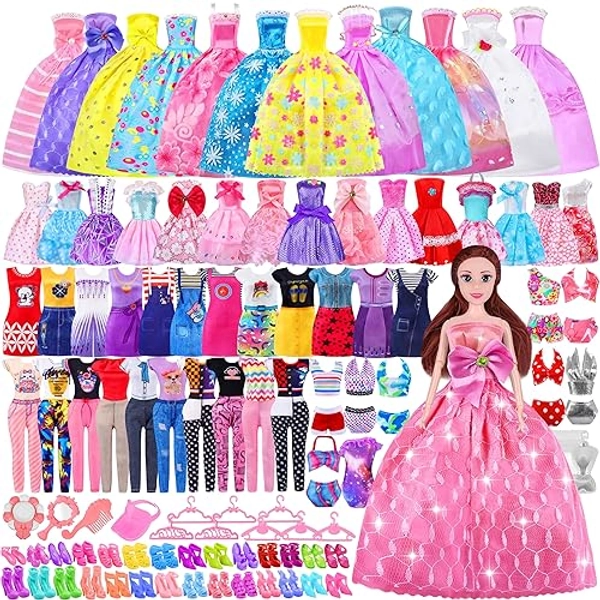 79 Pcs Doll Clothes and Accessories with Doll, Princess Gowns, Fashion Dresses, Slip Dresses, Top, Pants, Jumpsuit, Swimsuits, Shoes, Hangers, Doll Dress up Toys for Girls Kids Toddlers Toy Gifts - MT027A
