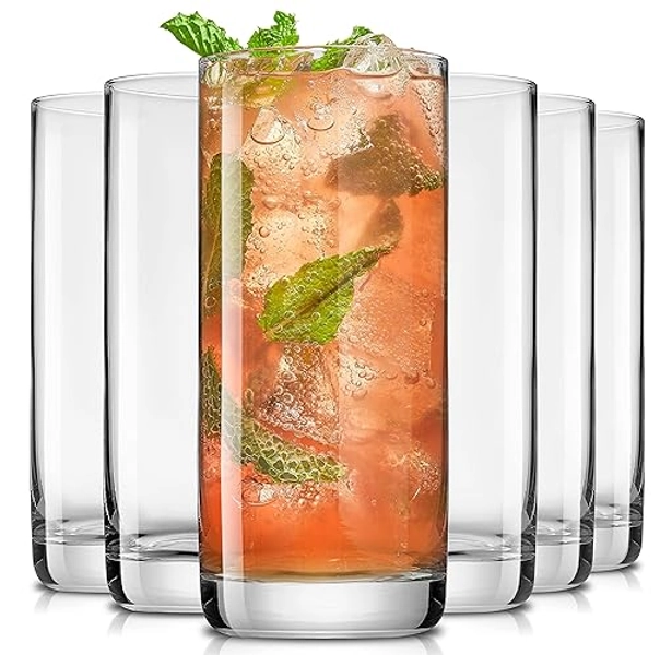 JoyJolt Faye Highball Glasses Set of 6 Tall Drinking Glasses. 13oz Cocktail Glass Set. Lead-Free Crystal Glassware. Bourbon or Whiskey Glass Cup, Bar, Iced Tea, Water, Mojito and Tom Collins Glasses - Tall glasses
