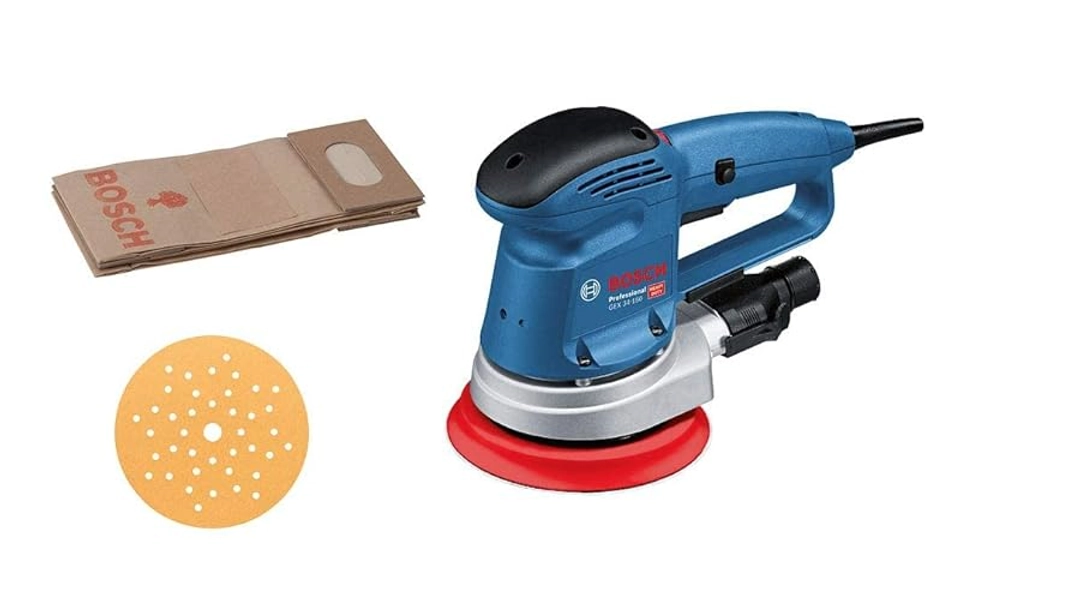 Bosch Professional Exzenterschleifer GEX 34-150 (inkl. Schleifteller-⌀ 150mm, Schleifblatt C470 für Holz, Absaug-Adapter, Papierstaubbeutel) - GEX 34-150 - ⌀ 150 mm
