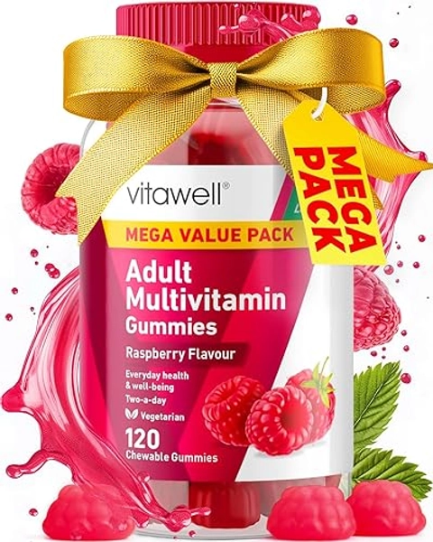 Vitawell Adult Multivitamin Gummies - 120 Raspberry Flavour Gummies (2 Month Supply) | Complex Vitamin D Formula | Chewable Multivitamins for Men & Women | Immune Support | 10 Essential Adult Vitamin