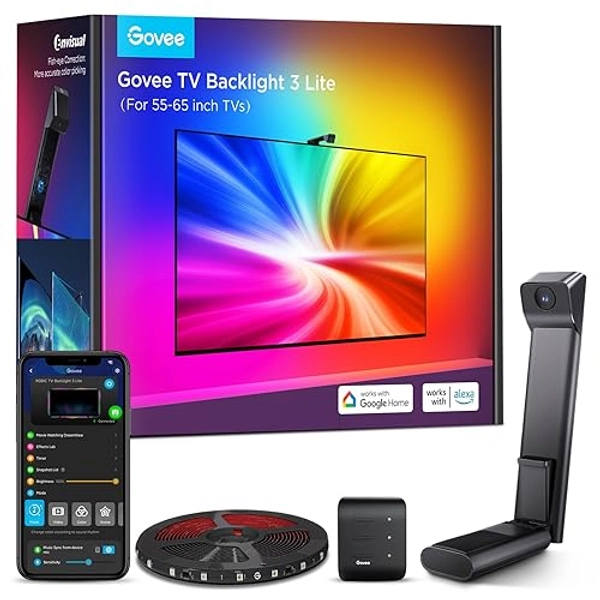 Govee TV Backlight 3 Lite with Fish-Eye Correction Function Sync to 55-65 Inch TVs, 11.8ft RGBICW Wi-Fi TV LED Backlight with Camera, 4 Colors in 1 Lamp Bead, Voice and APP Control, Adapter - 11.8FT for 55''-65'' TV
