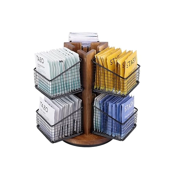 HTB Carousel Tea Bag Organizer for Counter, 2 Tier Tea Bag Holder with 6 Removable Tea Baskets and Acacia Wood Station, Tea Organizers and Storage for Cabinet, Countertop - OGB-140