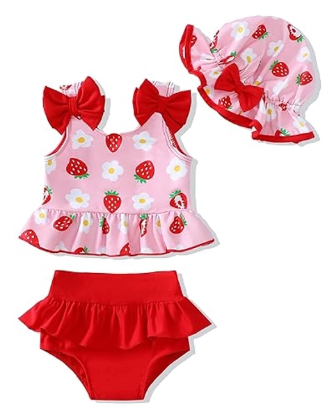 Mioglrie Baby Infant Swimsuit Girl Toddler Bathing Suit Girl Summer Beach Bikini Tankini Swimwear Hat 3-24 Months 2t-5t - 6-12 Months - Red
