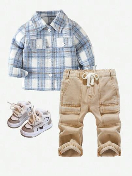 SHEIN Baby Boys' Fall/Winter Vintage Urban Street Style Casual Korean Style Khaki Denim Drawstring Waist Multiple Pockets Loose Fit Straight Leg Baggy Jeans,For Boys Back-To-School Clothes And Streetwear Outfits,Toddler Boy Cargo Pants