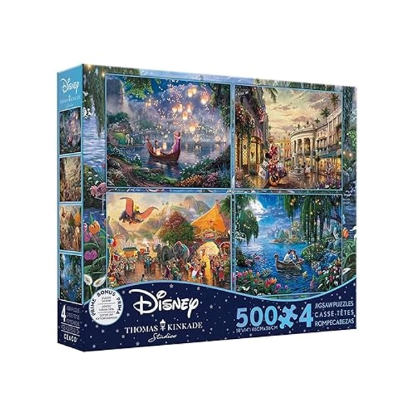 Ceaco - 4 in 1 Multipack - Thomas Kinkade - Disney Dreams Collection - Tangled, Mickey and Minnie Mouse, Dumbo, & The Little Mermaid - (4) 500 Piece Jigsaw Puzzles , Blue - Puzzles