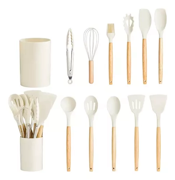 Kit 12 Colher De Silicones Cozinha Silicone Cabo Madeira