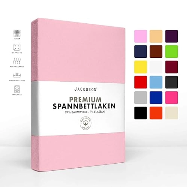 Jacobson Jersey Spannbettlaken Spannbetttuch Baumwolle Bettlaken (Premium 200x220 cm, Rosa) - PREMIUM 200x220 cm - Rosa