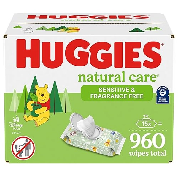 Huggies Natural Care Sensitive Baby Wipes, Unscented, Hypoallergenic, 99% Purified Water, 15 Flip-Top Packs (960 Wipes Total) - Unscented - 64 count (Pack of 15)
