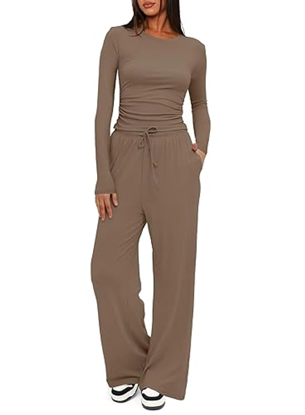 Darong Women's 2 Piece Sets Fall Outfits Long Sleeve Wide Leg Tracksuits Casual Lounge Set Matching Sets - X-Small - Khaki(29" Inseam)