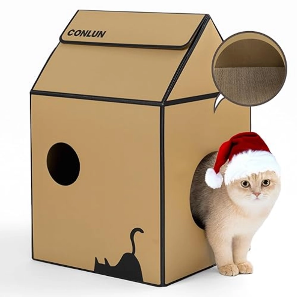 Conlun Cat Scratcher Cardboard House with Cat Scratching Board & Catnip,Quick Assembly Cat Toy for Indoor Cats Scratch & Rest Cat Furniture Condo Cave Bed for Christmas Decoration Kitty Xmas Gifts - Black Cat