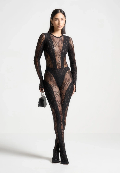 Lace Backless Footsie Jumpsuit with Pearl Detail - Black | US 10 / Black / WMN3979-01