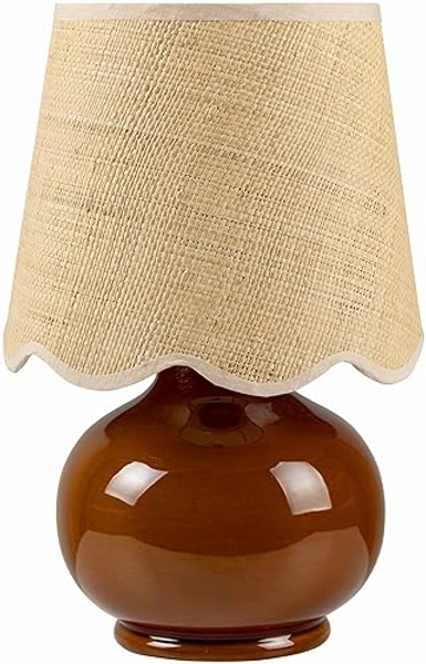 BoutiqueRugs Theisseil Boho Ceramic and Jute Bedside Table Lamp for Bedroom Nightstand - End Side Lighting for Living Room - Shade Rattan - Brown, Rust, Beige - 13" H - 13"H x 8"W x 8"D Taper - Tan, Beige, Translucent / Theisseil