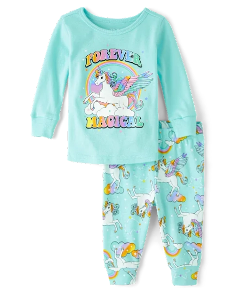 Baby And Toddler Girls Unicorn Snug Fit Cotton Pajamas - Blue