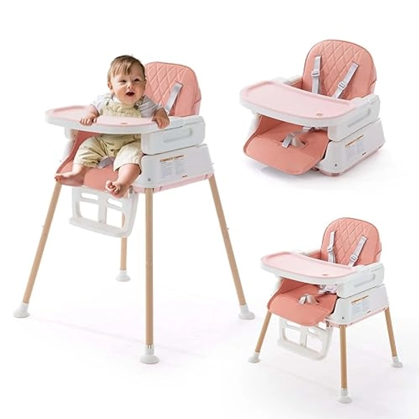3 in 1 Baby High Chair, Portable High Chairs for Babies and Toddlers, Adjustable Convertible Infant Baby Feeding Chair Booster for Eating with Detachable Double Tray, 5 Point Harness, Footrest Pink - Pink