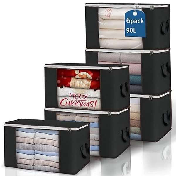 Large Storage Bags, 6 Pack Clothes Storage Bins Foldable Closet Organizers Storage Containers with Durable Handles Thick Fabric for Blanket Comforter Clothing Bedding 90 L (Black) - Black - 6 Pack