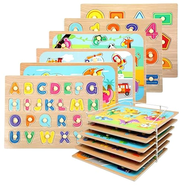 WOOD CITY Toddler Puzzles and Rack Set, Wooden Peg Puzzles Bundle with Storage Holder Rack, Educational Knob Puzzle for Kids Age 2 3 4 Years - Alphabet Number Shape Dinosaur Animal Vehicle - Classic